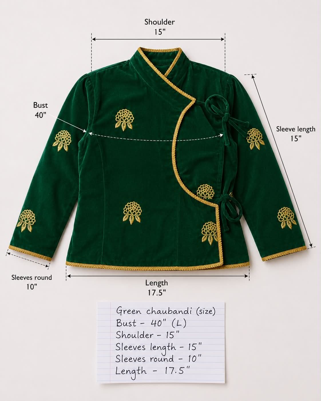 Women's Handmade Green Velvet Chaubandi Blouse – Size L (40) | Traditional Nepali Wrap Top | Ethnic & Festival Wear