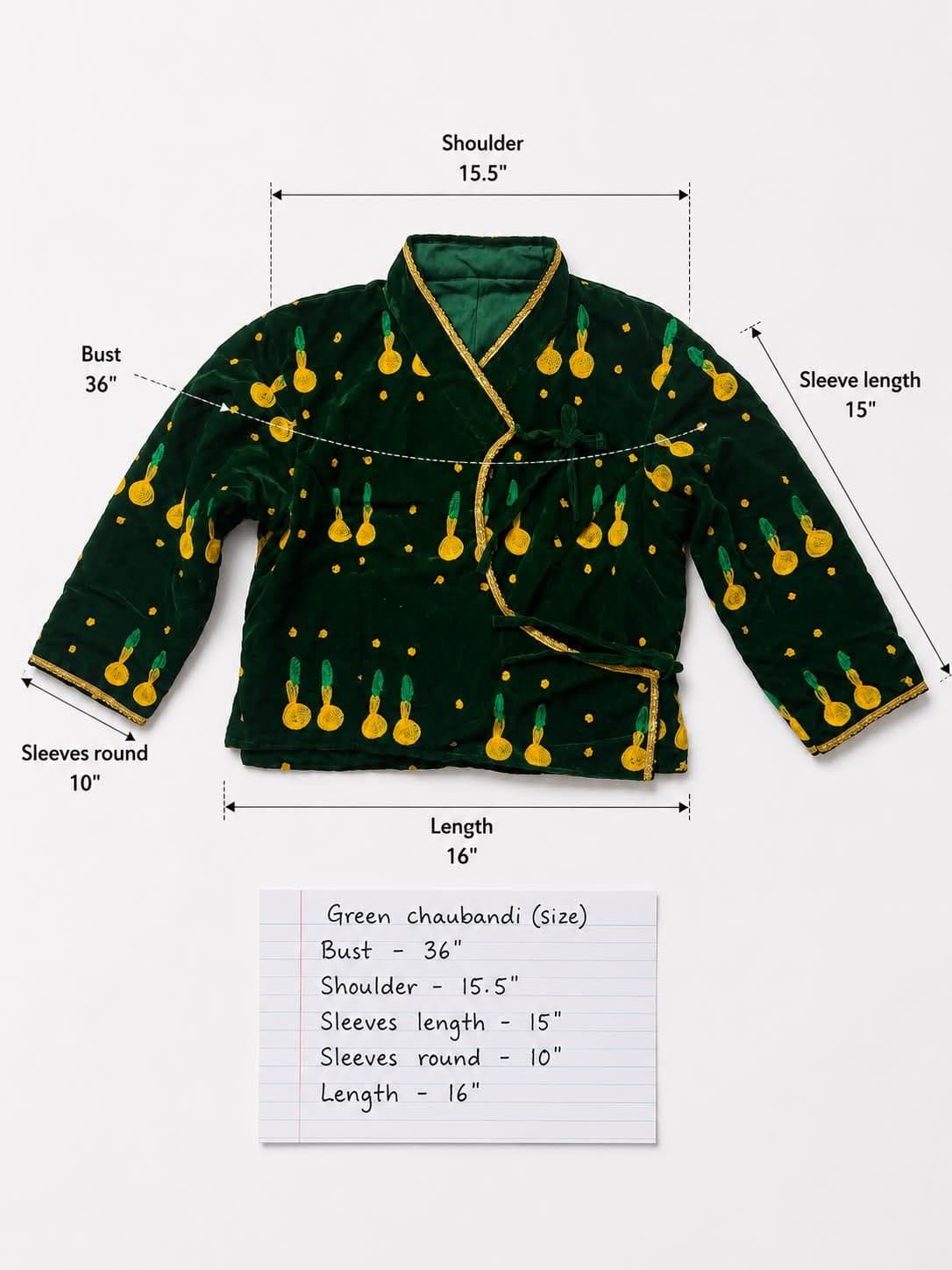 Women's Handmade Green Velvet Chaubandi Blouse – Size 36 | Traditional Nepali Wrap Top | Ethnic & Festival Wear