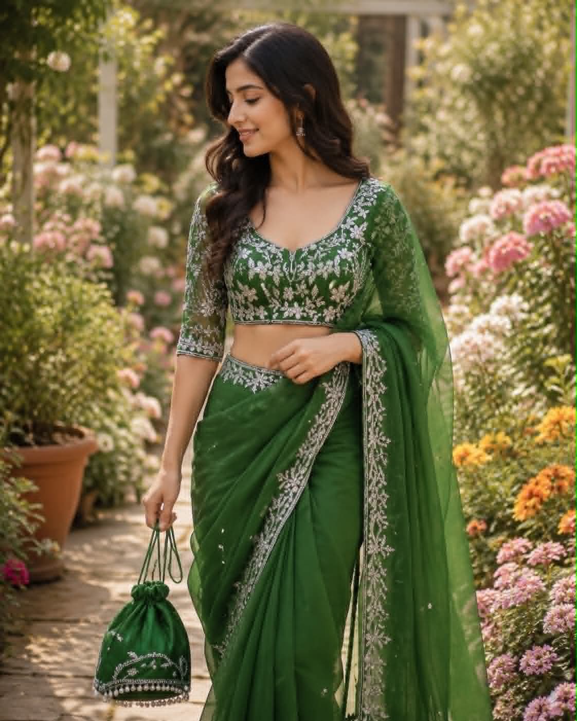 Green Embroidered Net Saree with Potli Bag